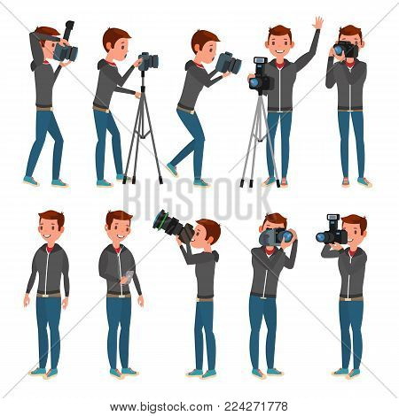 Professional Photographer Vector. Male In Different Poses. Lights And Cameras. Creative Occupation. Profession. Tripod Equipment. Isolated Flat Cartoon Character Illustration