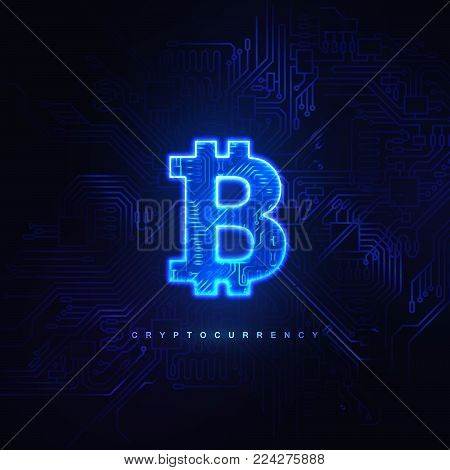 Cryptocurrency concept. Glowing neon light bitcoin sign and circuit board background. Vector futuristic illustration with blockchain technology based crypto currency. Financial concept. Virtual money
