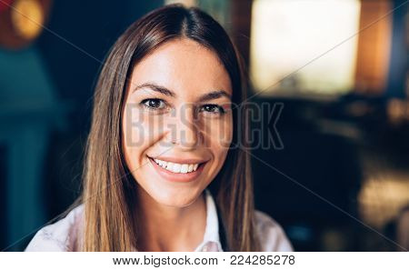 Beautiful caucasian woman with long brown hair