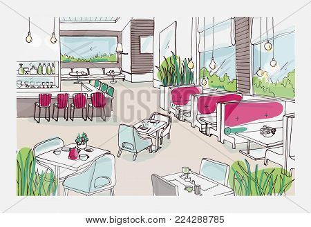 Colored freehand sketch of furnished interior of fancy restaurant or bistro. Colorful drawing of modern spacious cafe or coffee house full of stylish furnishings. Hand drawn vector illustration