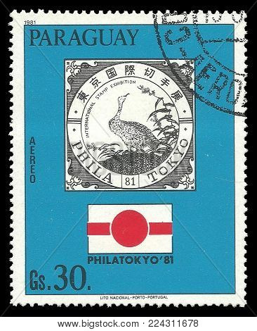 Paraguay - circa 1981: Stamp printed by Portugal, Color edition on Heads of state, shows Emblem of PHILATOKYO exhibition, circa 1981
