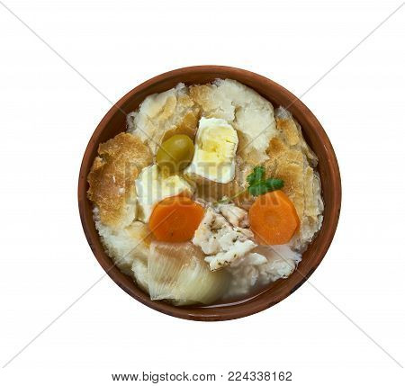 Portuguese cuisine - Acorda de Bacalhau,  Portugal dishes, Top view.