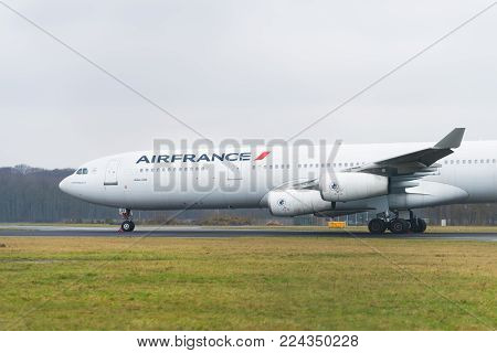 ENSCHEDE, NETHERLANDS - JANUARY 20, 2018: Air France airbus A340-300 at Twente Enschede airport to be recycled