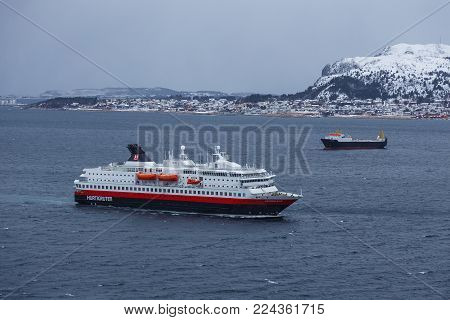 The Hurtigruten Ship Ms Nordkapp Entering The Port Of Alesund.