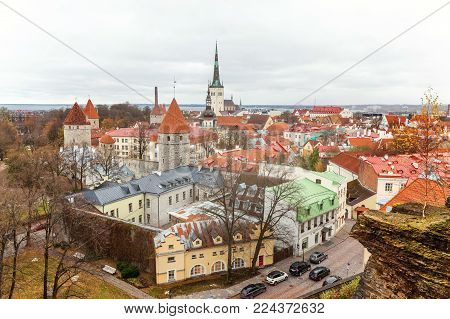 Aerial view on the old town with main central steet in Tallinn, Estonia
