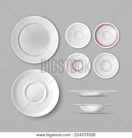 Vector set of dishware with white empty plates. Top view, isolated on gray background