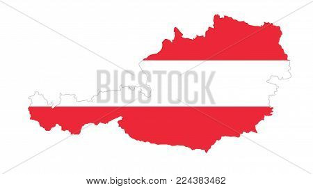 Republic of Austria flag in country silhouette. Landmass and borders as outline, within the banner of the nation in colors red and white. Isolated illustration on white background. Vector.