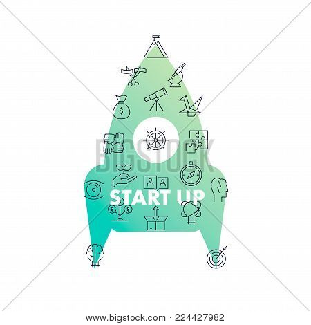 Line icons in rocket shape. Start Up pack. Vector illustration for begin business