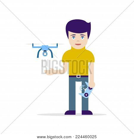 Young boy controling unmanned aerial vechicle (quadrocopter). Air drone hovering in the sky above hand of guy. Vector illustration, flat design. For game, education, entertaiment, sport, science.
