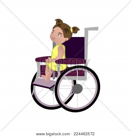 Little blondy girl on a wheelchair. Vector illustration
