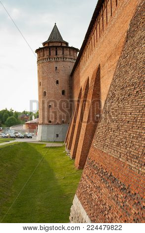 Kolomna, Moscow Region, Russia. Marinkin Tower Of Kremlin In Sunny Summer Day Close Up. Famous Landmark Of City Kolomna.
