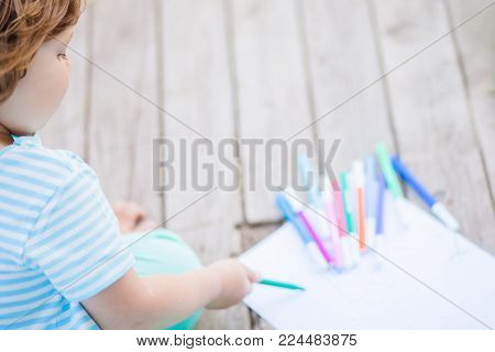 Adorable Little Girl Drawing With Felt-tip Pens Outdoors. Summer Leisure. Talantes Kids, Early Art E