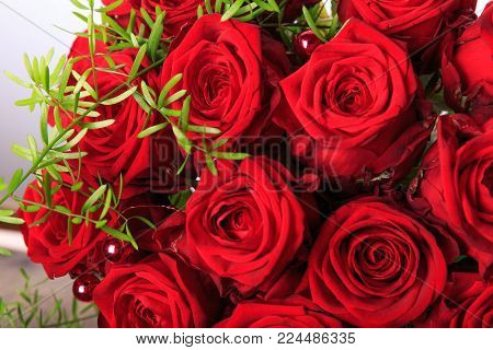 Luxury bouquet made of red roses in flower shop Valentines Bouquet of red roses. Birthday, Mother's, Valentines, Women's, Wedding Day concept