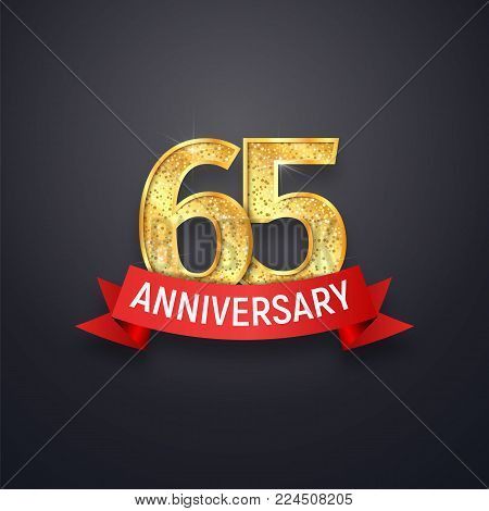 Sixty-five anniversary logo template. 65th years celebrating golden numbers with red ribbon vector design elements