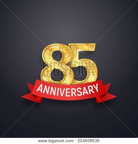 85 th anniversary logo template. Eighty-five years celebrating golden numbers with red ribbon vector design elements