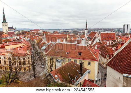 Aerial view on the old town with main central steet in Tallinn, Estonia