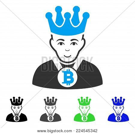 Enjoy Bitcoin King vector pictogram. Vector illustration style is a flat iconic bitcoin king symbol with gray, black, blue, green color versions. Person face has cheerful expression.