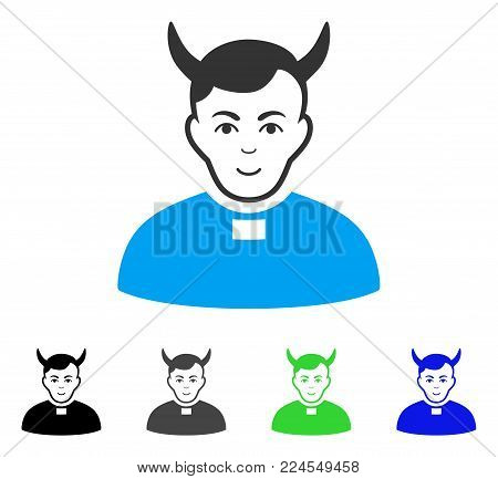 Positive Devil Priest vector pictogram. Vector illustration style is a flat iconic devil priest symbol with grey, black, blue, green color variants. Human face has joy emotions.