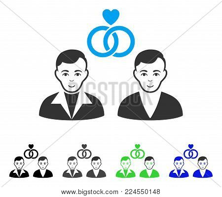 Enjoy Gays Marriage vector pictogram. Vector illustration style is a flat iconic gays marriage symbol with gray, black, blue, green color versions. Person face has happy mood.