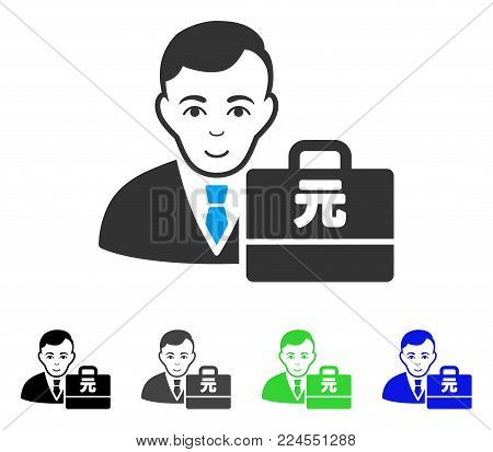 Positive Yuan Renminbi Accounter vector icon. Vector illustration style is a flat iconic yuan renminbi accounter symbol with gray, black, blue, green color versions. Human face has glad emotion.