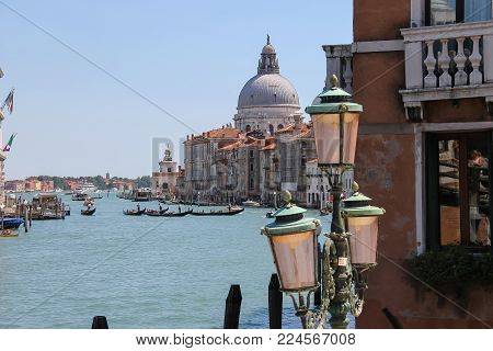 Venice, Italy - August 13, 2016: View of Grand Canal from Accademia Bridge (Ponte dell'Accademia)