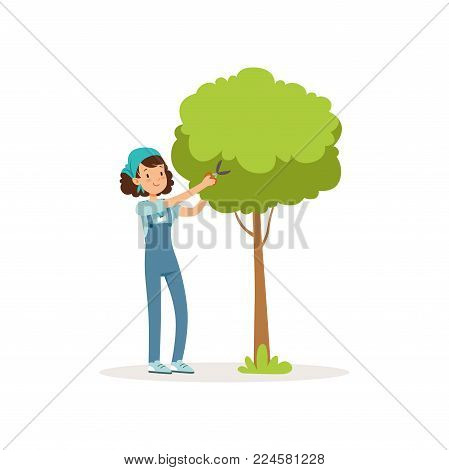 Girl cutting green tree using garden scissors. Volunteer at work. Cartoon teen character in overall, t-shirt and bandana. Gardening concept. Social activist. Flat vector illustration isolated on white