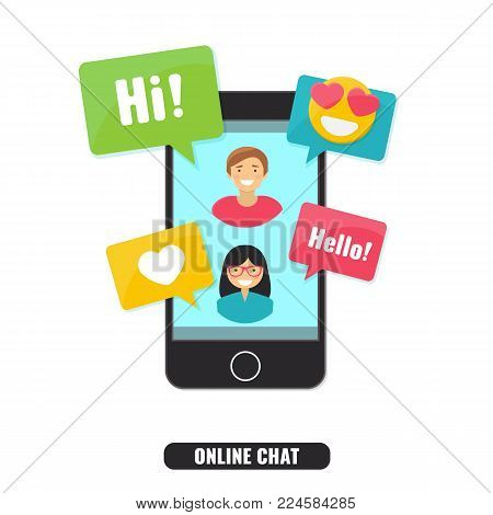 Concept of online chat, live video chat, dating online and Social Network. Smartphone with notifications, emoji, messages. Vector illustration.