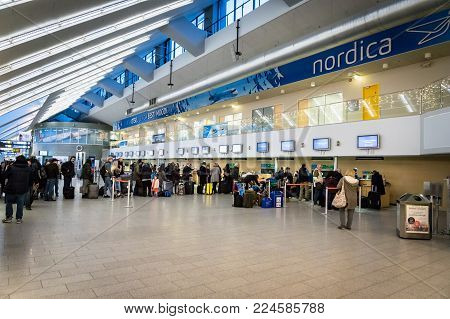 Tallinn, Estonia - January 2018:  Tallinn Airport departure area architecture. Tallinn Airport is the main airport in Estonia.