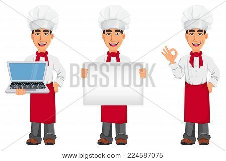 Young professional chef in uniform and cook hat. Smiling cartoon character, set with laptop, with placard and showing ok sign. Restaurant staff character design. Vector illustration