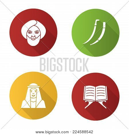 Islamic culture flat design long shadow glyph icon. Muslim men in traditional clothes, quran book, scimitar sword. Vector silhouette illustration