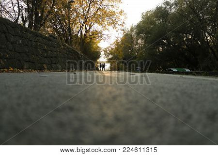 Walking leisure track in city river shore