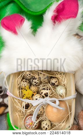 easter eggs in wood box with eggs and bunny and cumbals decoration
