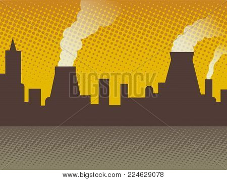 Industrial city with bad ecology background pop art retro vector illustration. Comic book style imitation.