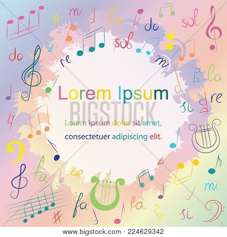 Colorful Hand Drawn Music Symbols. Colorful Doodle Treble Clef, Bass Clef, Notes and Lyre. Sketch Style. Vector Illustration.