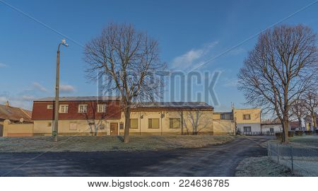 Dubany village in cold sunny winter morning in north Bohemia