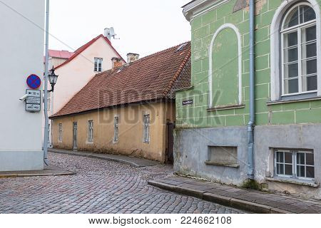 Historic Narrow Street Of The Old Town In Tallinn Pikk Jalg
