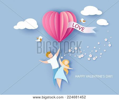 Card for Valentines day. Abstract background with couple flying with heart shaped airballoon. Vector illustration. Paper cut and craft style.