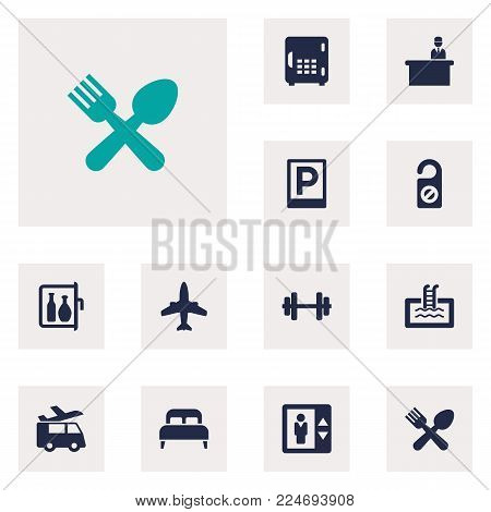 Set of 12 travel icons set. Collection of in room safe, dumbbell, minibar and other elements.