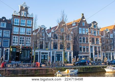 Amsterdam houses on the Oudezijds Voorburgwal in the Netherlands