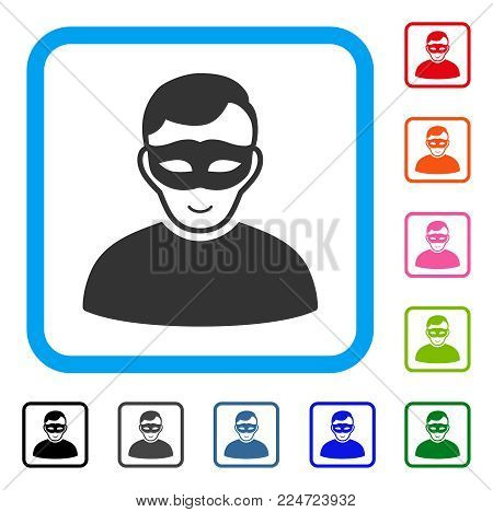 Positive Anonymous Person vector pictograph. Human face has enjoy emotions. Black, gray, green, blue, red, orange color additional versions of anonymous person symbol inside a rounded rectangle.