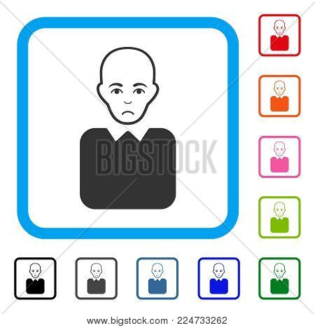 Pitiful Bald Bureaucrat vector pictograph. Person face has stress sentiment. Black, gray, green, blue, red, orange color versions of bald bureaucrat symbol inside a rounded squared frame.