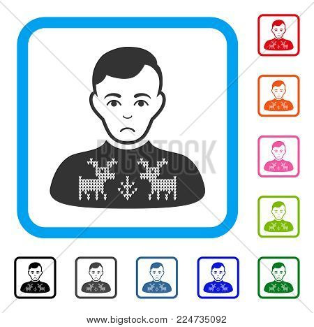 Sadly Deers Pullover Boy vector pictogram. Person face has sorrow mood. Black, grey, green, blue, red, orange color versions of deers pullover boy symbol inside a rounded rectangular frame.