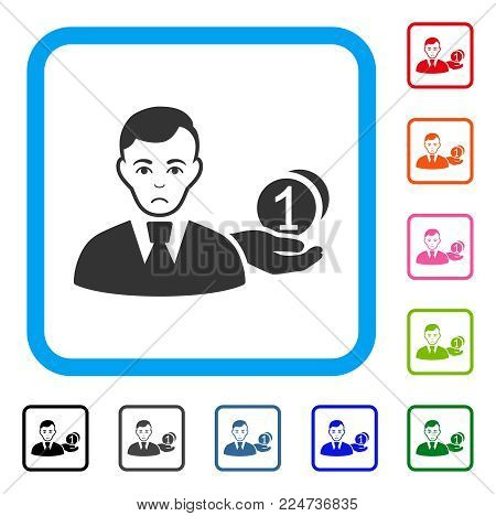 Sadly Money Payer vector pictograph. Human face has depressed expression. Black, grey, green, blue, red, pink color variants of money payer symbol in a rounded rectangle.