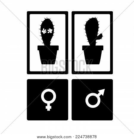 Cute icons for toilet room with cactuses in flower pots