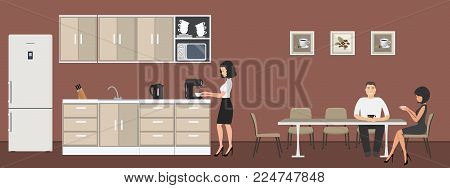Dining room in the office. Office workers drink coffee at the table. Coffee break. Office kitchen. There are kitchen cabinets, a fridge, a microwave, a kettle and a coffee machine in the image. Vector