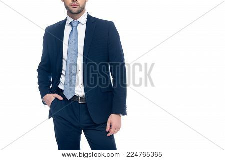 cropped view of elegant businessman posing in suit, isolated on white