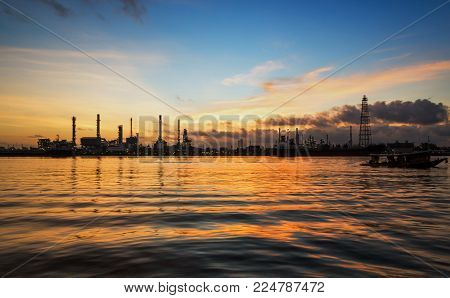 Oil refinery Chao Phraya River at twilight