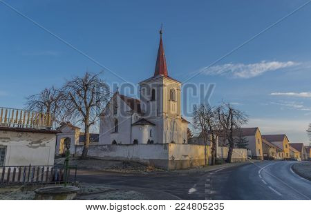 Dubany village in cold sunny winter morning in north Bohemia