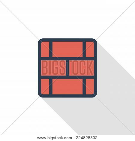 brick wall thin line flat color icon. Linear vector illustration. Pictogram isolated on white background. Colorful long shadow design.