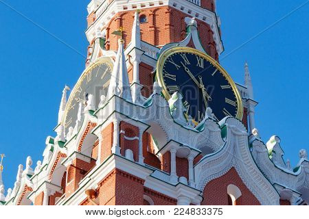Moscow, Russia - February 01, 2018: Chimes clock of the Spasskaya tower of Moscow Kremlin closeup. Moscow Kremlin in winter